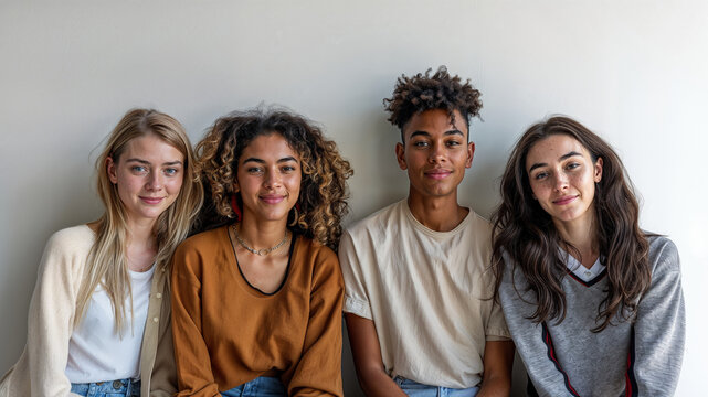 Four Teenagers Prepare for Back to School, Friends waiting for School Year, Diverse Students for School Marketing Ad