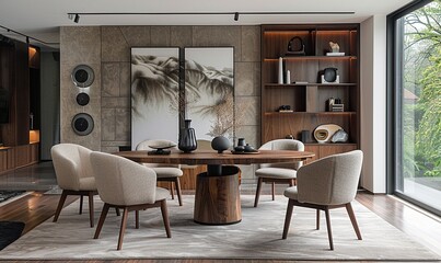 modern dining chair with a wooden frame,fabric seat in a stylish dining room.