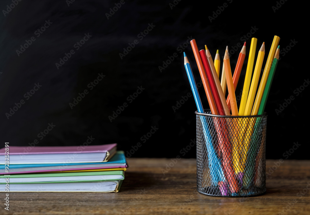 Aufkleber back to school concept with colored pencils and notebooks on a wooden desk with a black background a