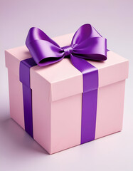 Obraz premium Pink gift box with purple ribbon plain white background