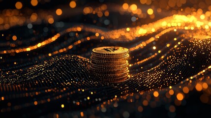 A 3D digital coin stack surrounded by flowing data streams, symbolizing digital wealth management