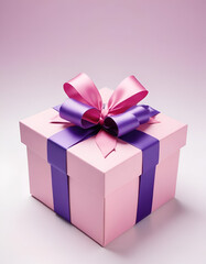 Fototapeta premium Pink gift box with purple ribbon plain white background