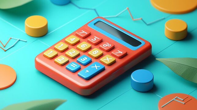 A 3D calculator with floating numbers and graphs, symbolizing financial calculations