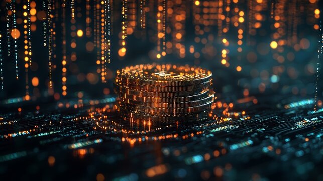 A 3D digital coin stack surrounded by flowing data streams, symbolizing digital wealth management