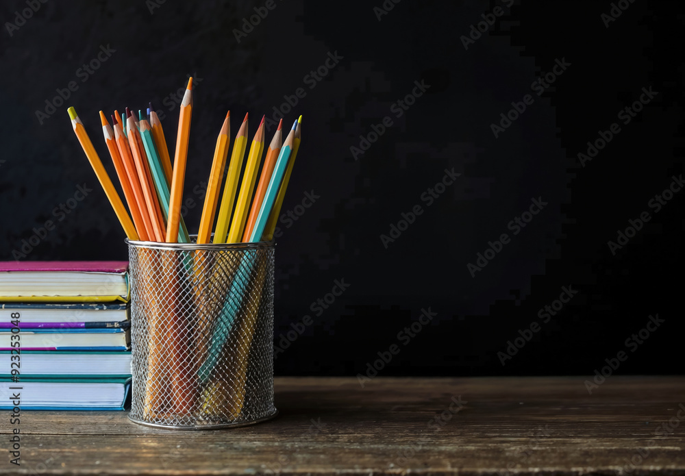 Aufkleber Back to school concept with colorful pencils in a pencil holder and books on a wooden surface with a black background and copy space