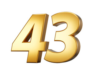 Golden metallic Number 43 Forty three, White background 3d illustration

