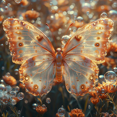Golden butterfly surrounded by bubbles in a dreamy orange meadow.
