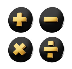 Obraz premium 3d Golden Plus, Minus, Multiply And Divide Symbol On Rounded Black Icons, 3d illustration 