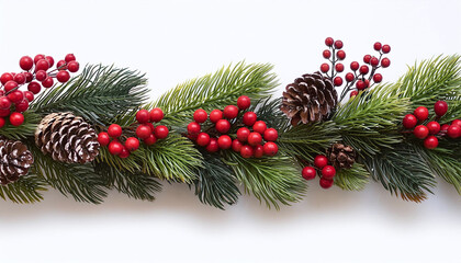 Festive evergreen garland with red berries and pine cones perfect for holiday decorations , Christmas, wreath, greenery