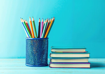 Fototapeta premium Pencils standing in a blue pencil holder and a stack of books are standing on a blue surface with a blue background