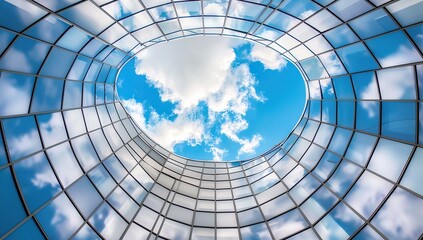 Naklejka premium A curved glass building with a blue sky and white clouds in the background
