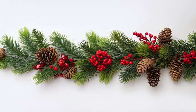 Festive evergreen garland with red berries and pine cones perfect for holiday decorations , Christmas, wreath, greenery