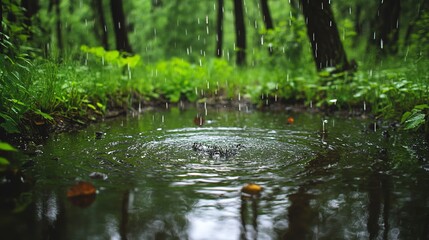 Obraz premium a small nature water pond created by the rain in the lush green forest in summer, rain background 