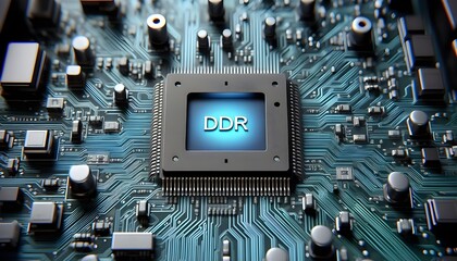 A future-oriented DDR semiconductor chip mounted on a circuit board. Printed circuit boards, artificial intelligence, advanced circuits.  generative AI