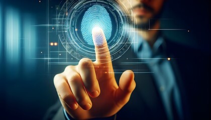 Virtual holographic fingerprint recognition system concept. Digital security, biometric technology. generative AI