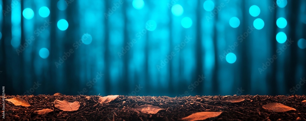 Aufkleber a serene forest scene with blue bokeh lights and fallen leaves, creating a calming atmosphere perfec