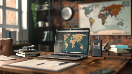 Global News Hub Journalist's Desk with Breaking News Digital Recorder and World Map Pinboard