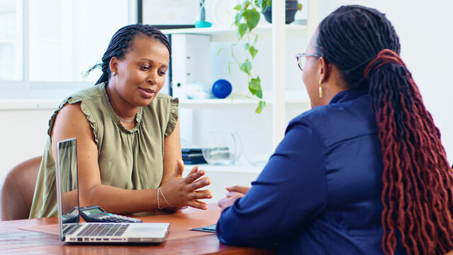 Professional Consultation Between Two Women in an Office Setting with a Laptop on the Table