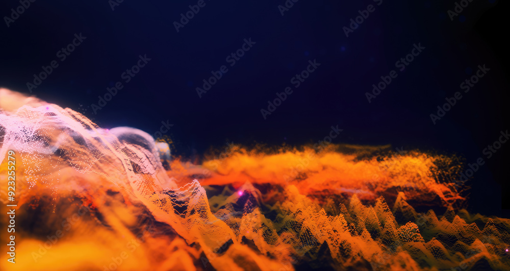 Poster abstract moving futuristic landscape of particles and dots of energy magic with glow and blur effect