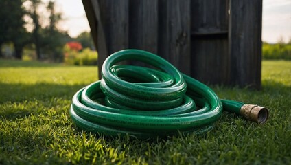 Fototapeta premium Rolled up garden hose on fresh green grass