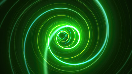 Abstract bright glowing green background tunnel with flying lines of energy particles and light rays