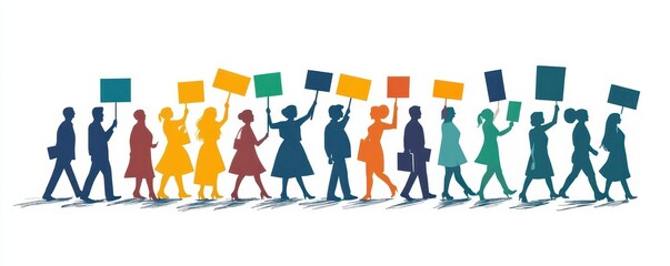 Illustration of diverse people marching with signs, symbolizing unity and social activism.