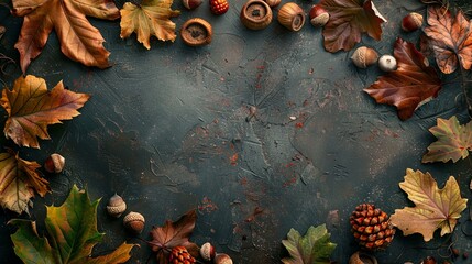 Frame of autumn leaves in oak and acorns