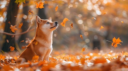 Happy Shibainu among the autumn park and leaves	