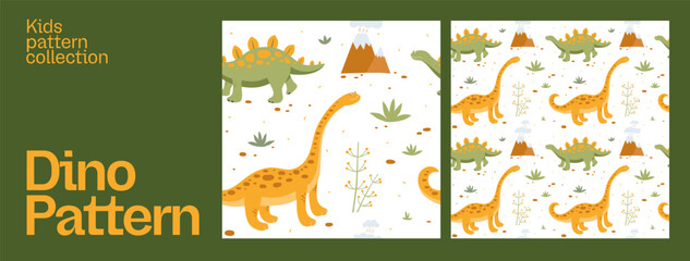 Set of seamless patterns with funny dinosaurs. Background with ancient lizards. Colorful vector illustration for the design of children's textiles, packaging. © KOSIM