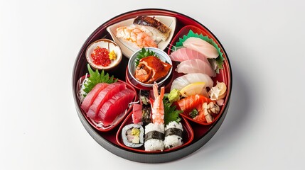 Japanese food with sushi and rolls on isolated background