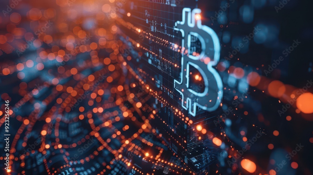Poster abstract representation of digital currency with glowing bitcoin symbol and flowing data patterns in