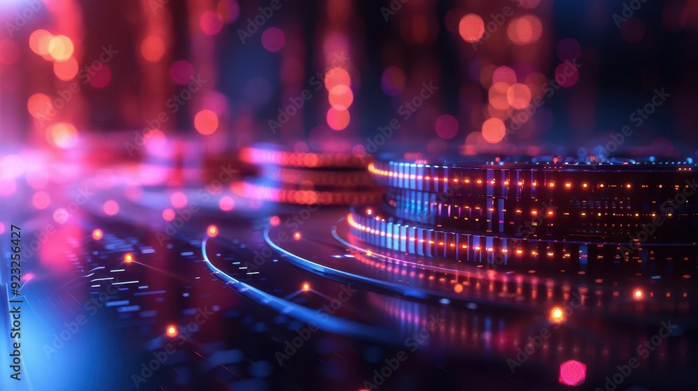 Poster a vibrant abstract background featuring glowing circles and lines, perfect for tech designs and futu