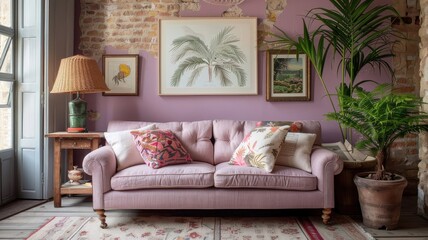 A playful purple living room with eclectic furniture and quirky accessories.