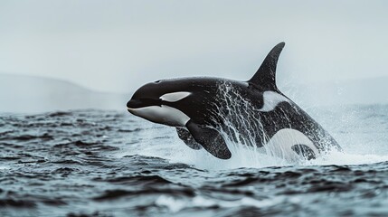Obraz premium An orca whale leaping out of the ocean with water splashing all around