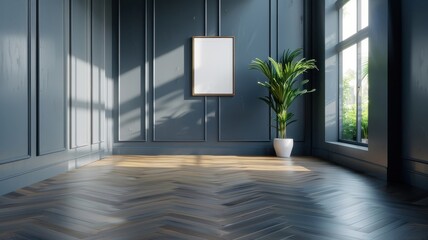 Fototapeta premium Dark hallway with blank frames leading to a brightly lit room for product reveal.