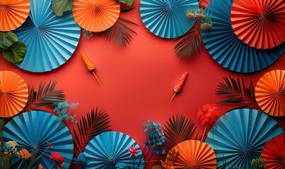 american federal holidays celebration concept flat lay composition with festive paper fans,firework rockets on red background.