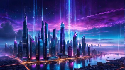 A cityscape with a purple sky and a river in the background