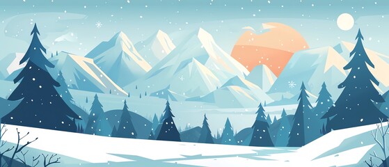 Fototapeta premium Snowy mountains, winter scene, chilly atmosphere, flat design illustration
