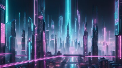 A cityscape with neon lights and buildings in the background