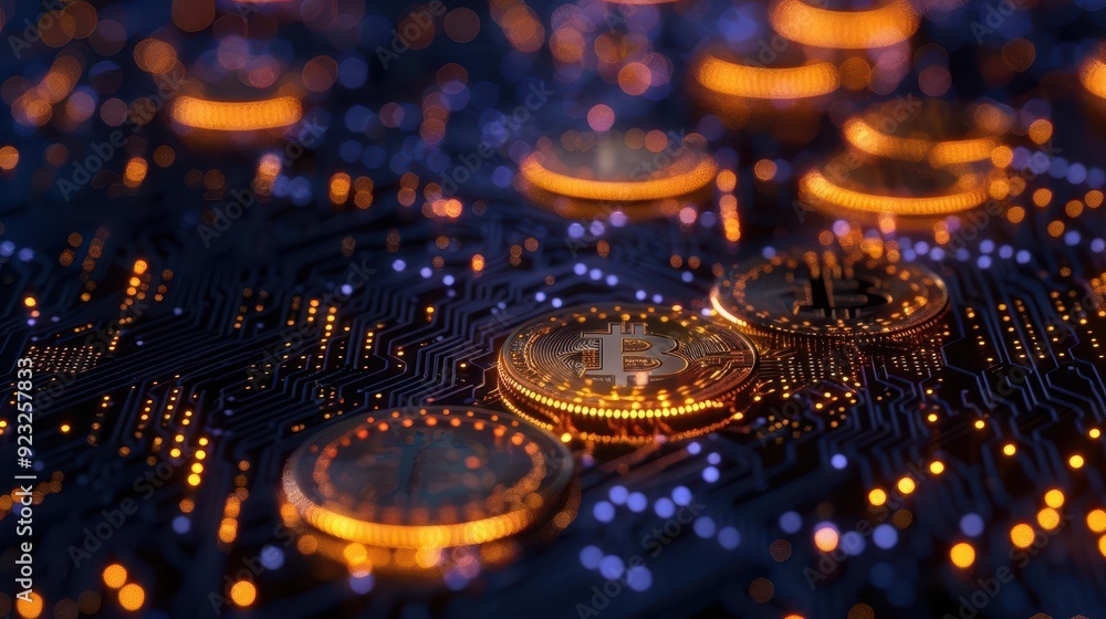 Poster illuminated bitcoin coins on a digital circuit board, representing the fusion of technology and cryp