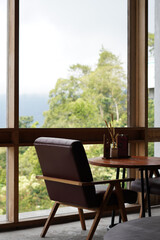 table and chairs in a aesthetic cafe
