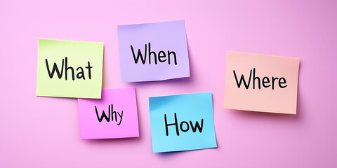 what when why how where  isolated on sticky notes with light color background Idea question solution concept