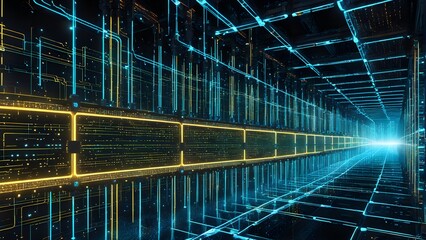 A long, narrow room with yellow and blue lights