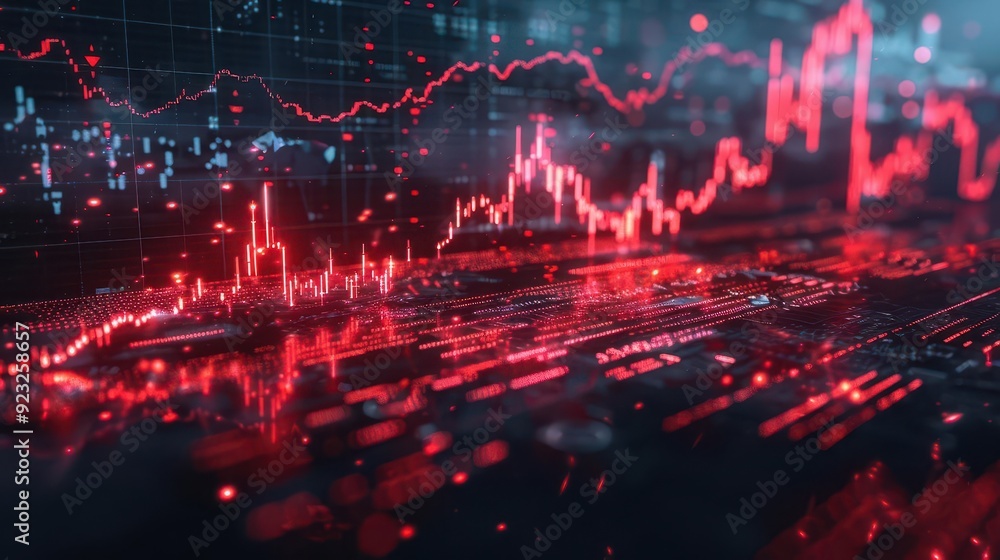 Poster dynamic financial data visualization with red trend lines and charts indicating market fluctuations 