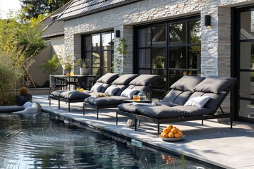 Wooden sunbeds with blue cushions by pool under umbrella, surrounded by lush greenery, captured in high-resolution hyper-realistic style.