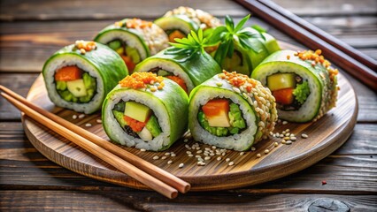 Colorful vegan sushi rolls filled with cucumber, avocado, and carrots, garnished with sesame seeds and served on a natural wood table with chopsticks.