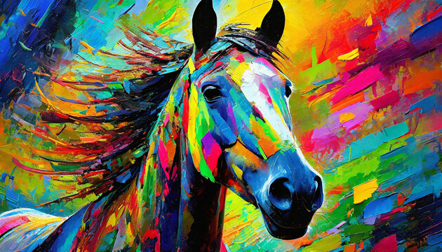 Pintura con retrato de caballo galopando con colores vibrantes