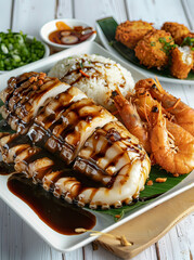 Grilled squid, large pieces, seasoned with a sweet and sour flavor, served on a plate, generative ai
