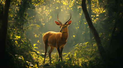 Fototapeta premium deer in the forest under sunlight