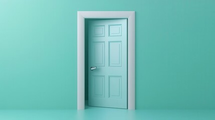 A serene teal door stands against a matching wall, symbolizing new beginnings and opportunities in a modern space.